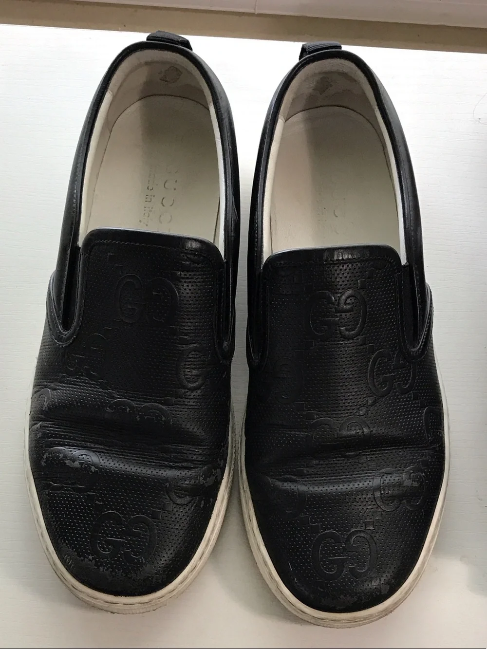 Gucci Black Slip-On Leather Loafers with White Sole